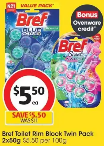 Coles Bref Toilet Rim Block Twin Pack 2x50g offer