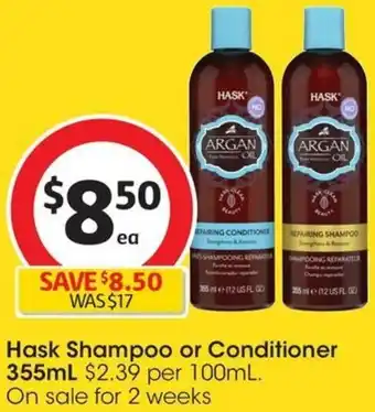 Coles Hask Shampoo or Conditioner 355mL offer
