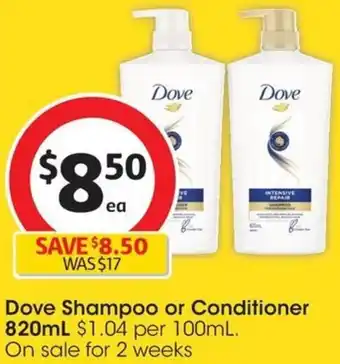 Coles Dove Shampoo or Conditioner 820mL offer