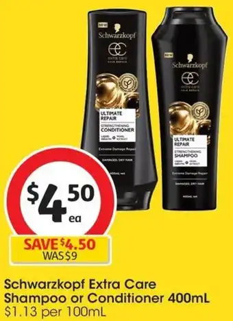 Coles Schwarzkopf Extra Care Shampoo or Conditioner 400mL offer