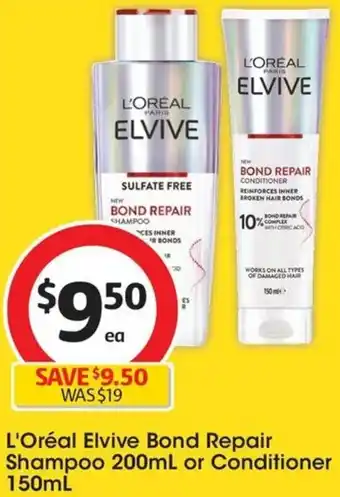 Coles L'Oréal Elvive Bond Repair Shampoo 200mL or Conditioner 150mL offer