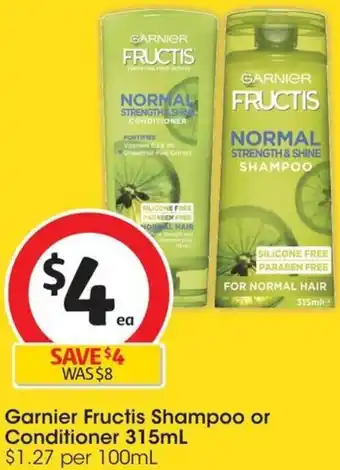 Coles Garnier Fructis Shampoo or Conditioner 315mL offer