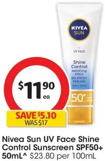 Coles Nivea Sun UV Face Shine Control Sunscreen SPF50+ 50mL offer