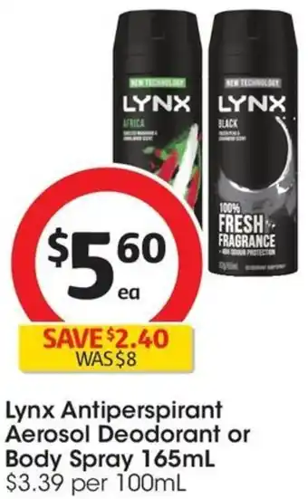 Coles Lynx Antiperspirant Aerosol Deodorant or Body Spray 165mL offer