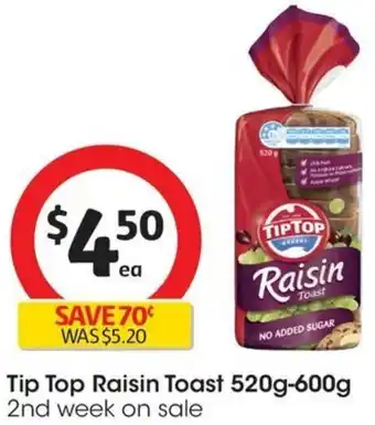 Coles Tip Top Raisin Toast 520g-600g offer