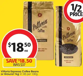 Coles Vittoria Espresso Coffee Beans or Ground 1kg offer