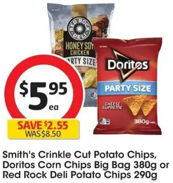 Coles Smith's Crinkle Cut Potato Chips, Doritos Corn Chips Big Bag 380g or Red Rock Deli Potato Chips 290g offer