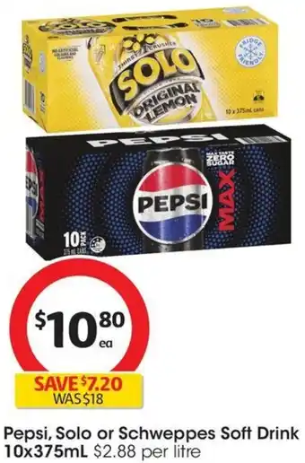 Coles Pepsi, Solo or Schweppes Soft Drink 10x375mL offer