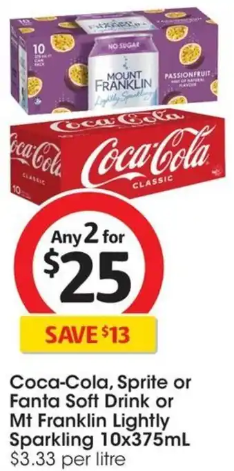 Coles Coca-Cola, Sprite or Fanta Soft Drink or Mt Franklin Lightly Sparkling 10x375mL offer
