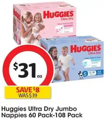 Coles Huggies Ultra Dry Jumbo Nappies 60 Pack-108 Pack offer