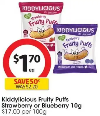 Coles Kiddylicious Fruity Puffs Strawberry or Blueberry 10g offer