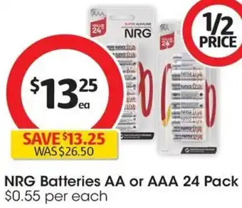 Coles NRG Batteries AA or AAA 24 Pack offer