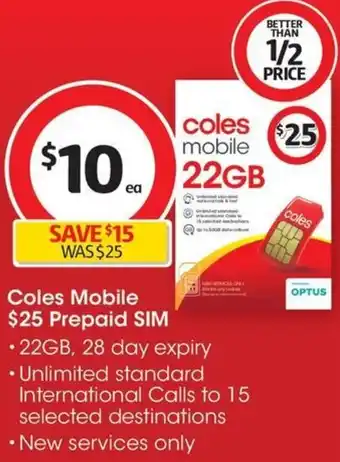 Coles Coles Mobile $25 Prepaid SIM offer