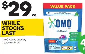 Woolworths OMO Active Laundry Capsules Pk 60 offer