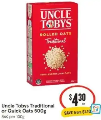 IGA Uncle Tobys Traditional or Quick Oats 500g offer