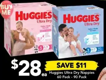 Huggies Ultra Dry Nappies 60 Pack - 90 Pack