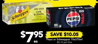 Drakes Pepsi or Schweppes 10x375ml offer