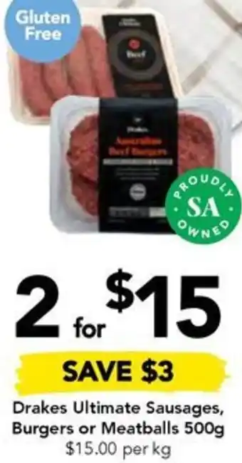 Drakes Drakes Ultimate Sausages, Burgers or Meatballs 500g offer