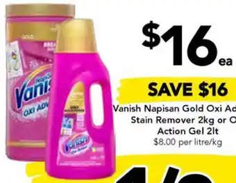 Drakes Vanish Napisan Gold Oxi Advance Stain Remover 2kg or Oxi Action Gel 2lt offer