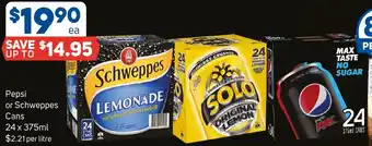 Foodland Pepsi or Schweppes Cans 24 x 375ml offer
