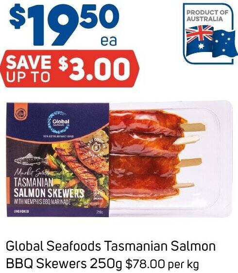 Global Seafoods Tasmanian Salmon BBQ Skewers 250g offer at Foodland