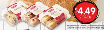 Spudshed Baked Provisions Cream & Custard Horn 2pk 170g Custard & Cream or Jam & Cream Donut 2pk 150g offer