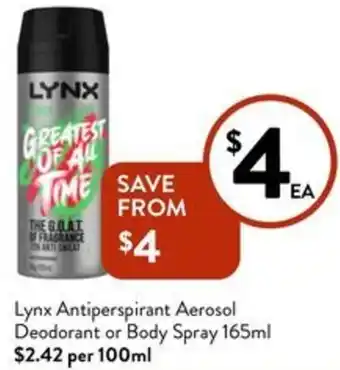 Foodworks Lynx Antiperspirant Aerosol Deodorant or Body Spray 165ml offer