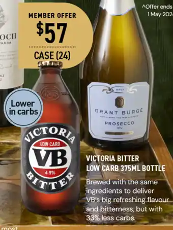 Dan Murphy's VB VICTORIA BITTER LOW CARB 375ML BOTTLE offer