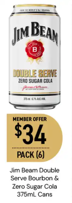 Dan Murphy's Jim Beam Double Serve Bourbon & Zero Sugar Cola 375mL Cans offer