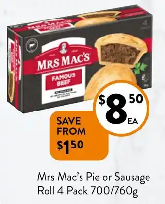 Foodworks Mrs Mac's Pie or Sausage Roll 4 Pack 700/760g offer