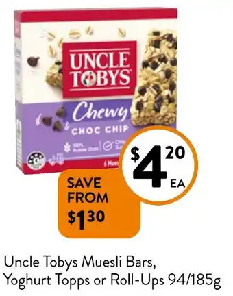 Foodworks Uncle Tobys Muesli Bars, Yoghurt Topps or Roll-Ups 94/185g offer