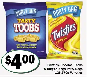Friendly Grocer Twisties, Cheetos, Toobs & Burger Rings Party Bags 125-270g Varieties offer