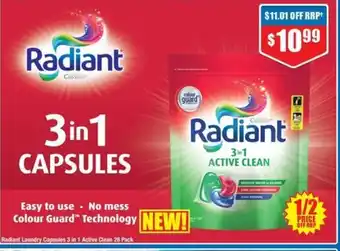 Chemist Warehouse Radiant Laundry Capsules 3 in 1 Active Clean 28 Pack offer