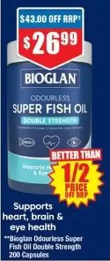Chemist Warehouse Bioglan Odourless Super Fish Oil Double Strength 200 Capsules offer