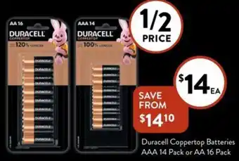 Foodworks Duracell Coppertop Batteries AAA 14 Pack or AA 16 Pack offer