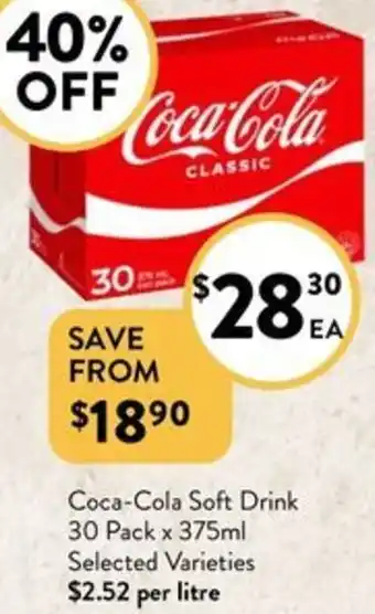 Foodworks Coca-Cola Soft Drink 30 Pack x 375ml Selected Varieties offer