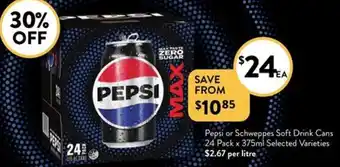 Foodworks Pepsi or Schweppes Soft Drink Cans 24 Pack x 375ml Selected Varieties offer