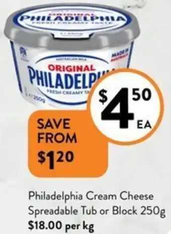 Foodworks Philadelphia Cream Cheese Spreadable Tub or Block 250g offer