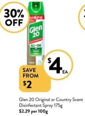 Foodworks Glen 20 Original or Country Scent Disinfectant Spray 175g offer