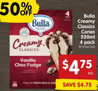 Bulla Creamy Classics Cones 520ml 4 pack