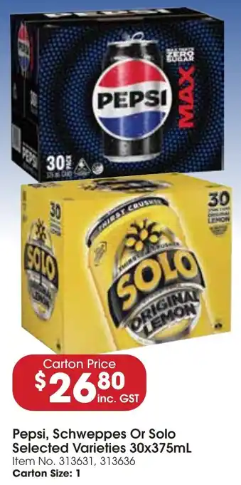 Campbells Wholesale Pepsi, Schweppes Or Solo Selected Varieties 30x375ml offer