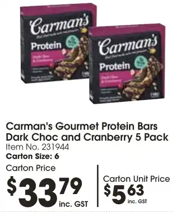 Campbells Wholesale Carman's Gourmet Protein Bars Dark Choc and Cranberry 5 Pack offer