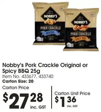 Campbells Wholesale Nobby's Pork Crackle Original or Spicy BBQ 25g offer