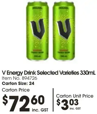 Campbells Wholesale V Energy Drink Selected Varieties 330mL offer