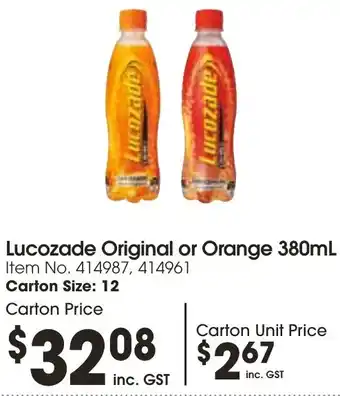 Campbells Wholesale Lucozade Original or Orange 380mL offer