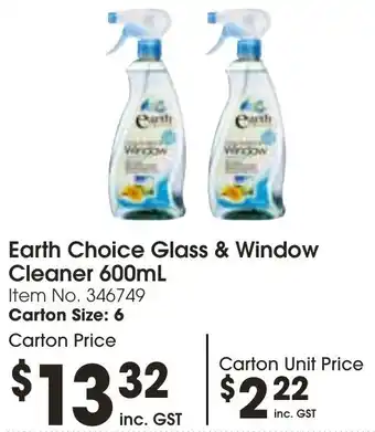 Campbells Wholesale Earth Choice Glass & Window Cleaner 600mL offer