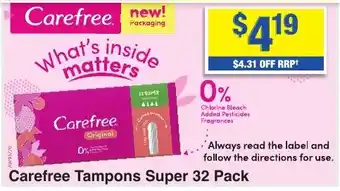 My Chemist Carefree Tampons Super 32 Pack offer