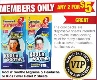 Kool n' Soothe Migraine & Headache or Kids Fever Relief 2 Sheets