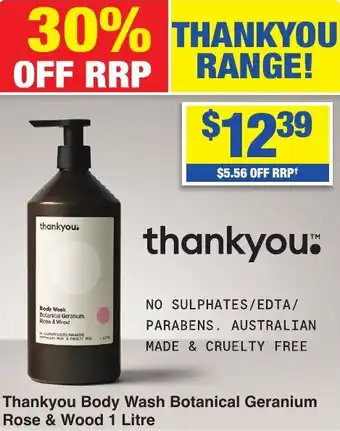 My Chemist Thankyou Body Wash Botanical Geranium Rose & Wood 1 Litre offer