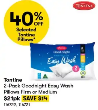 BIG W Tontine 2-Pack Goodnight Easy Wash Pillows Firm or Medium offer